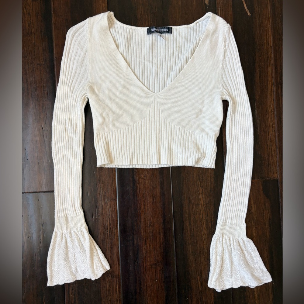 Urban Outfitters Cream Ribbed V-Neck Bell-Sleeve Crop Top